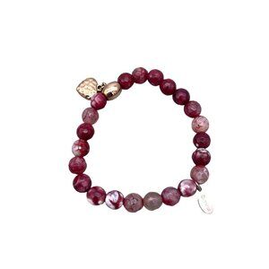 Mirai Ball Stone Beaded Gold Tone Heart Charm Stretch Bracelet